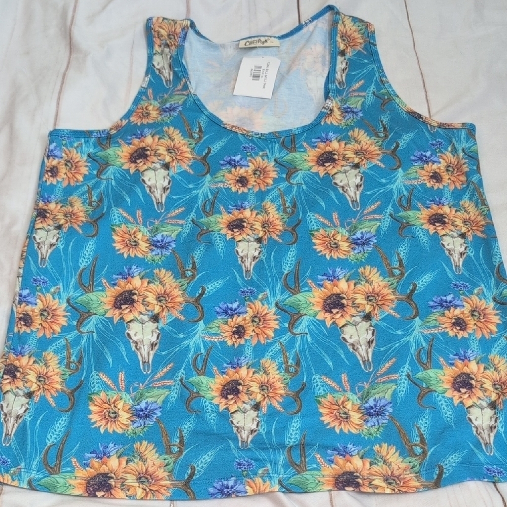 Cheekys Brand Floral Bull Skull Racerback Tank Top size XL Beautiful Blue/Teal